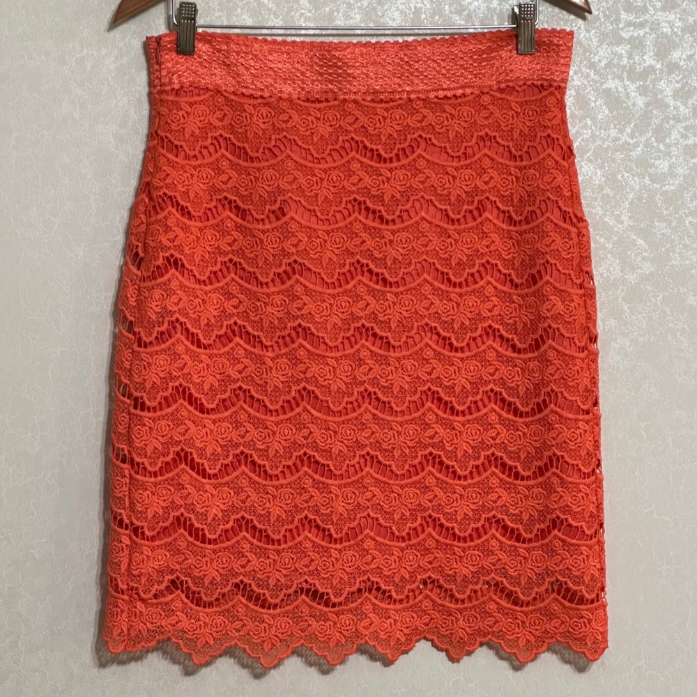 Hemline Mom Coral Orange Floral Lace Scalloped Hem Pencil Skirt Coquette Fairy M